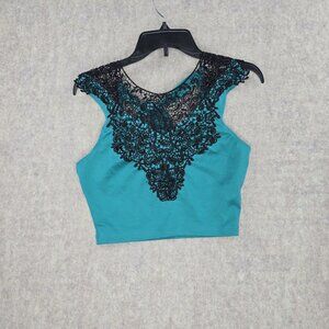 Charlotte Russe Womens Lace Overlay Crop Top Teal & Black M Sleeveless Tie Back